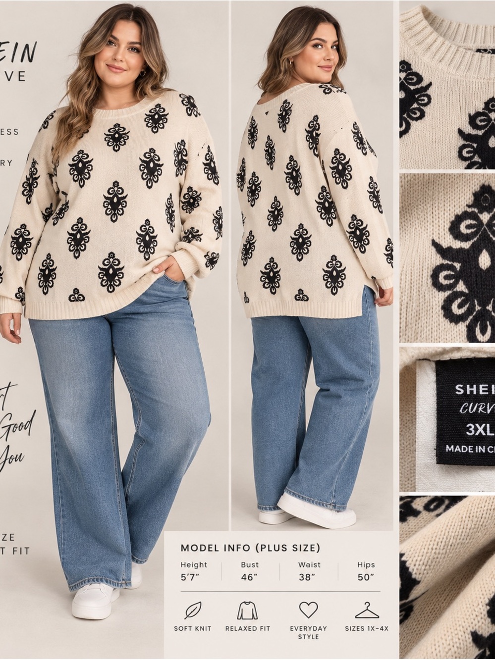 SHEIN Curve 3XL Cream & black floral print sweater lightweight. Vintage vibes